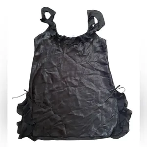 Oscar de la Renta Y2K Black Silky Satin Goth Glam Chiffon Ruffle Mini Slip Dress thumbnail 2