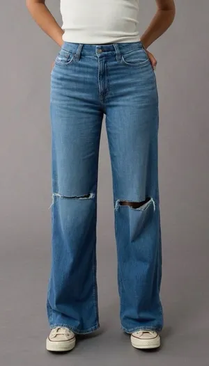 American Eagle Super High Rise Baggy Wide Leg Stretch Distressed Jeans 12 Long thumbnail 1