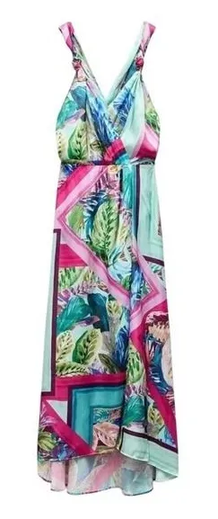 ZARA Multicolor Satin Effect Tropical Scarf Print V- Neck Midi Dress - S‎ NWT thumbnail 1