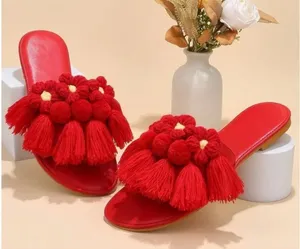 New Red Slide Sandal Tassel Pom Pom Faux Suede Slip On Bohemian Sz-8 thumbnail 1