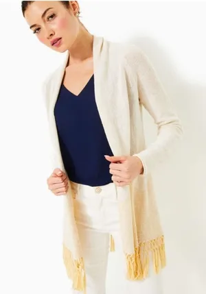 Lilly‎ Pulitzer Tatum Long Fringe Hem Cardigan metallic gold sz L thumbnail 1
