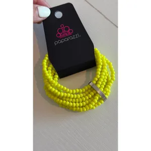 Paparazzi Neon Yellow 5-Strand Seed Bead Stretch Bracelet Silver Bar Accent thumbnail 2