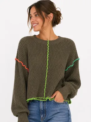 New IN Women’s Waffle Knit Sweater Medium Brown Neon Contrast Stitch thumbnail 3