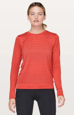 Lululemon Breeze By Long Sleeve Squad‎ Tee Women 10 Orange Top Yoga Athleisure thumbnail 1