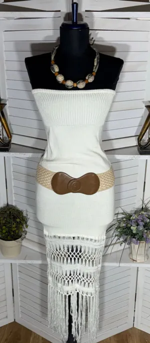 Vintage Y2K cotton knit dress strapless fringes boho coquette coastal cowgirl S thumbnail 1
