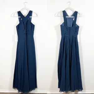 NWT Azazie Kaleigh Dark Navy Blue A-Line Pleated Chiffon Bridesmaid Maxi Dress 6 thumbnail 5