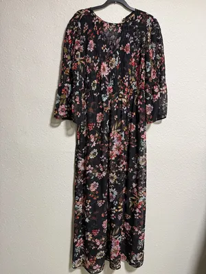 ECI New York Womens Black Floral Smocked Bell Sleeve Maxi Dress Size‎ S thumbnail 2