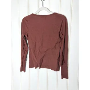 Nation LTD Womens Mahogany Brown Slub Cotton V-Neck Puff Sleeve Top Gold Snaps S thumbnail 5