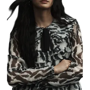 Maeve Anthro Animal Print Mini Dress XXS Gray Tiered Ruffle Long Sleeve Chiffon‎ thumbnail 3