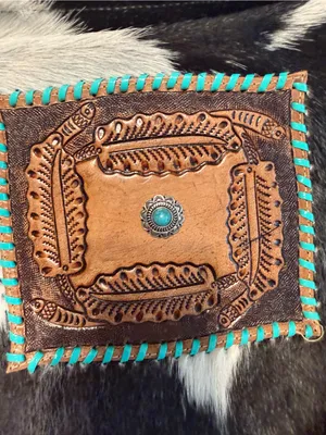 Myra Bag Black and White Cowhide Crossbody with Turquoise and brown Fringe thumbnail 4