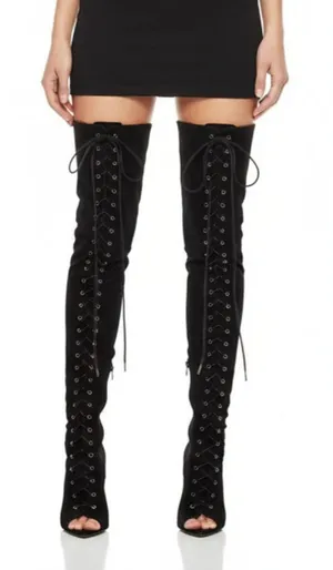 FTF Nadia Black Faux Suede Lace Up Thigh High Heel Boots 11 Wide thumbnail 1