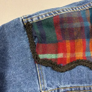 90s Vintage Jean Jacket Denim Trucker Jacket Western Plaid Wool Small thumbnail 5