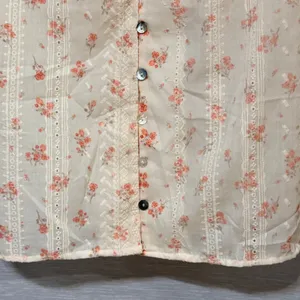 Easy Clothes Floral Eyelet Button Down Blouse Cream Peach S/M Short Sleeve thumbnail 4