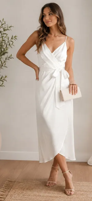 NEW Lulus Joice White Satin Tie Waist Wedding Bridal Shower Midi Dress Medium thumbnail 1