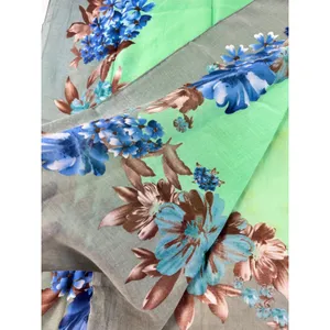 Green Fantasy Scarf Blue Floral Print Viscose‎ Lightweight Wrap Eyelash Fringe thumbnail 3