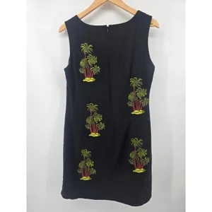 Ultra Dress Linen Dress Womens 10 Palm Tree‎ Embroidery Black Sleeveless EUC thumbnail 3
