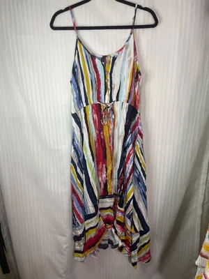 M CAVE Women's Medium Colorful Stripe Midi Dress Sleeveless Button Front Tie thumbnail 2