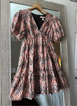 Hutch Anthropologie Brown Printed V-Neck Puff Sleeve Mini Dress Size Medium thumbnail 1