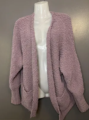MEROKEETY Sweater Womens Medium Purple Popcorn Knit Open Front Cozy Cardigan thumbnail 1