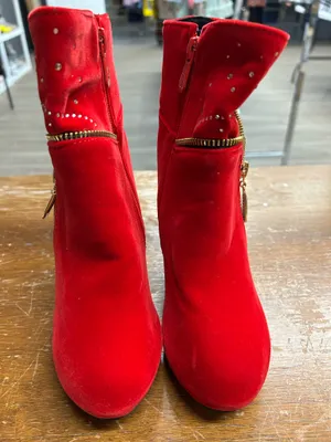 Red Velvet Ankle Boots With Gemstone thumbnail 3