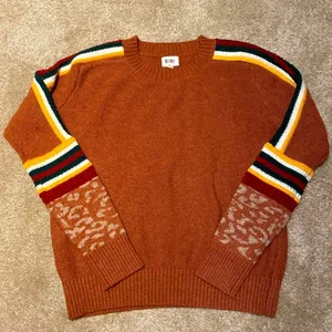 BiBi Knit Texture Contrast Crochet Stripe Brick Sweater Leopard Cuff S thumbnail 3