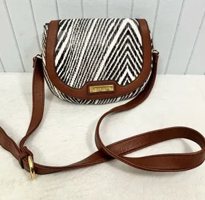 Liz Claiborne Black & White Chevron Crossbody with Brown Trim thumbnail 1