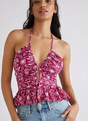 Free People Dandelion Floral Halter Top Pink Peplum Smocked Size Large NWT Boho thumbnail 1
