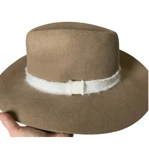 Wide Brim Rancher Fedora Hat Tan‎ Wool Felt White Band Boho Western OS thumbnail 2
