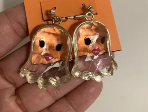 Betsey Johnson Girl Ghost Halloween Clear Gold Tone Dangling Earrings thumbnail 2