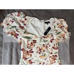 NWT Lulus‎ SZ Large Parisian Picnic Cream Floral Jacquard Puff Sleeve Midi Dress thumbnail 4