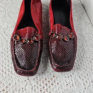 Stuart Weitzman snakeskin pattern crystal embellishments slip on red loafers 6 thumbnail 2