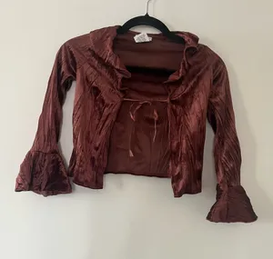 Vintage Y2K Chocolate Brown Velvet Tie Front Bell Sleeve Bolero Top Small thumbnail 1