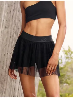 Alo Mesh Flirty Tennis Skirt Black Sheer Transparent See-Through A-Line Skort L thumbnail 1
