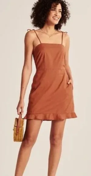 Abercrombie Terracotta Tie Strap Ruffle Hem Mini Dress thumbnail 1
