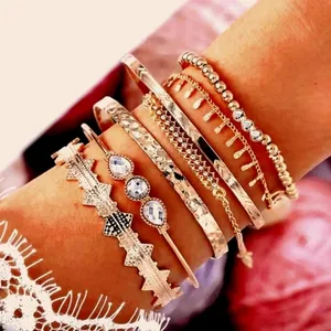 NEW Solid Gold‎ Plated 7 pc Boho Stacking Bracelet Set thumbnail 7