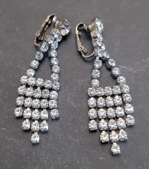 Vintage Clip On Earrings 2.25" Long Clear Gem Drop Dangle Regal Statement thumbnail 1