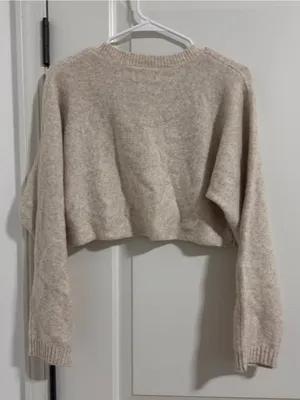 Open Edit Cropped Crewneck Sweater in Light Taupe thumbnail 3
