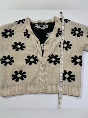 DKNY Cream Cropped Button Up Cardigan with Black Flower Print size L thumbnail 6