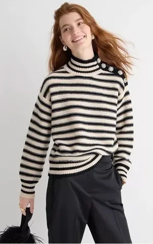 J.Crew Striped Mockneck Sweater Size XS Jewel Rhinestone Twee Glam Preppy Heavy thumbnail 1