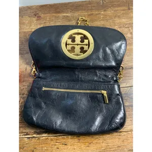 Tory Burch Reva Black Leather Detachable Gold Chain‎ Crossbody Clutch thumbnail 8