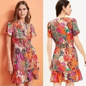LOFT‎ NWOT Floral Patchwork Smocked Mini Dress Orange Pink Multi Summer Small thumbnail 2