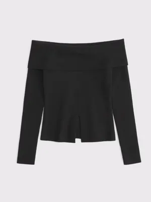 Abercrombie & Fitch Ribbed Knit Off-The-Shoulder Cutaway Sweater Black Size M thumbnail 3