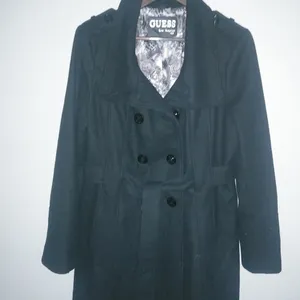 Guess L Full Length Logo Lined Pea Coat Double Breasted Belted Wool in Black thumbnail 6