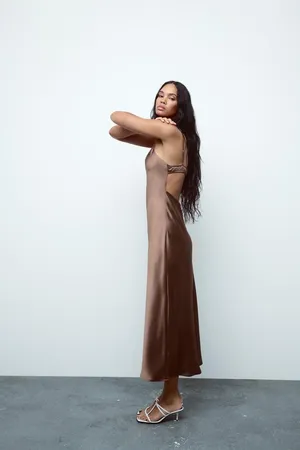 Zara dress midi maxi satin wedding lingerie chocolate brown party cocktail thumbnail 18