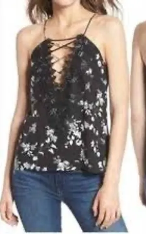 WAYF posie Strappy camisole womens S Black Floral Lace Up Front Sleeveless thumbnail 1