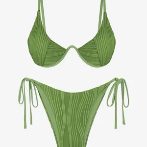 Zaful NEW Green Bikini Sets 2 Pc Swimsuits Cheeky Ribbed Underwire Bathing Suit S thumbnail 1