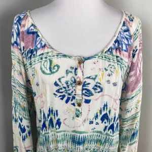 O'Neill Pastel Watercolor Floral Tie Front Boho Scoop Neck Peasant Blouse XL thumbnail 2