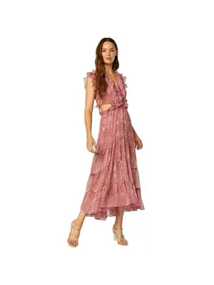 MISA Nastasha Maxi Dress L Ruffle Side Cut Out Floral Tiered Sleeveless Sheer thumbnail 3