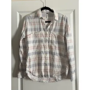 Free People Pink Blue Loveland Plaid Raw Hem Oversized Button Down Shirt XS thumbnail 5
