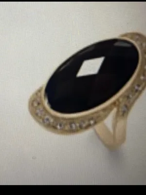 Gold-Tone Black Oval Large Jet Stone Ring with Crystal Accents Size 9 thumbnail 5